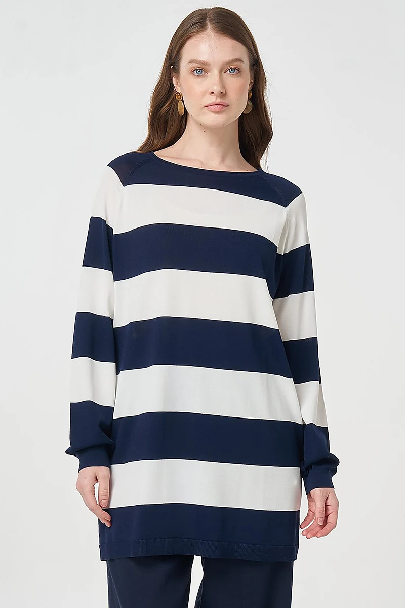 Striped Knit Tunic Dark Navy