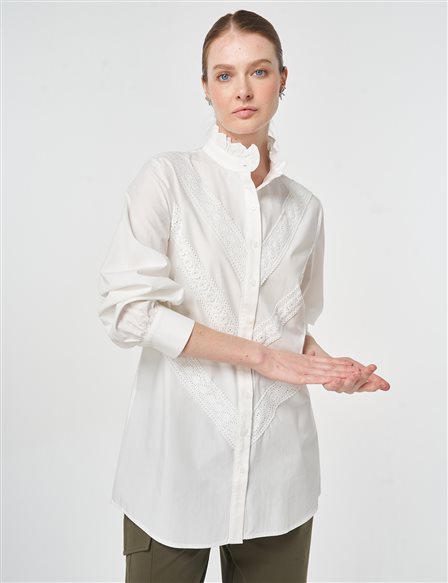Fırfır Yaka Pamuklu Bluz Optik Beyaz 