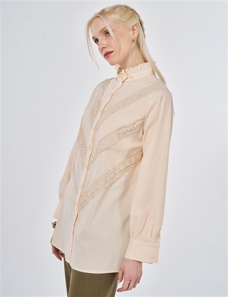 Ruffle Neck Cotton Blouse, Beige