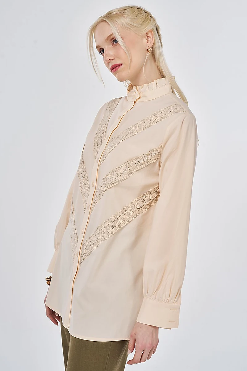 Ruffle Neck Cotton Blouse, Beige