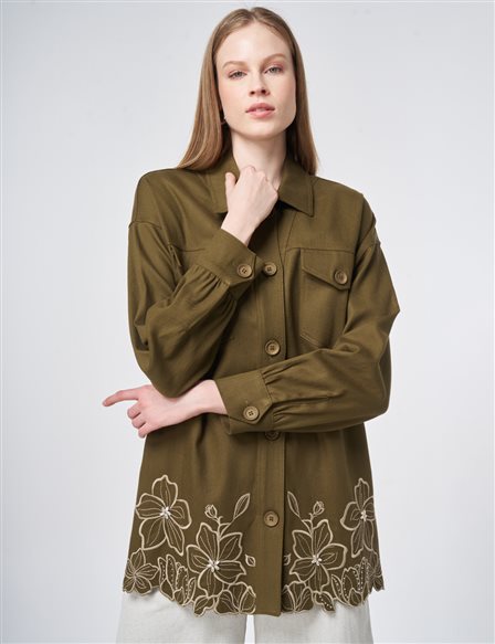 Nakış İşlemeli Non Denim Ceket Koyu Haki 