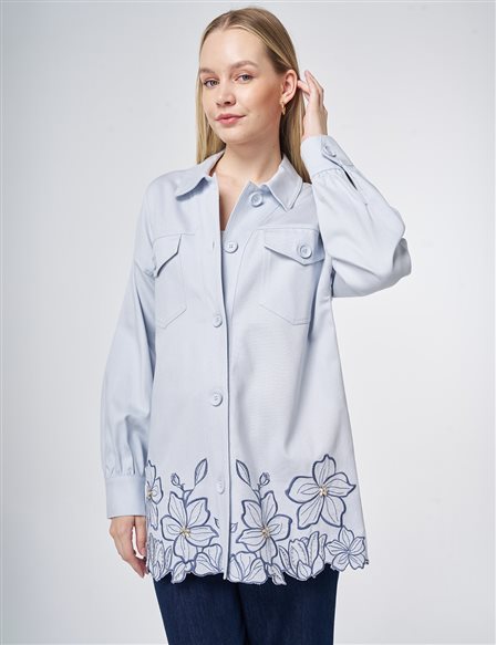 Nakış İşlemeli Non Denim Ceket Mavi 