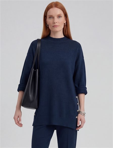 Button Detailed Knitwear Set Navy Blue