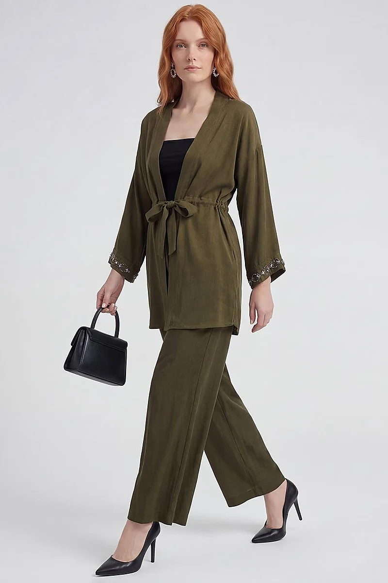 100% Lyocell Embroidered Two-Piece Set Dark Khaki