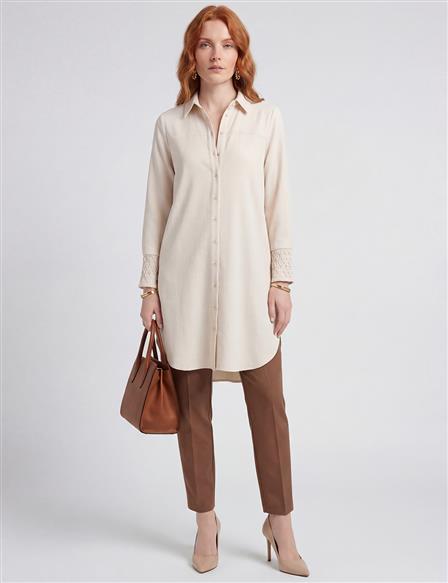 Manşet Detaylı Uzun Tunik Krem 