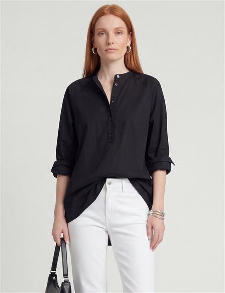 Raglan Sleeve Cotton Blouse Black