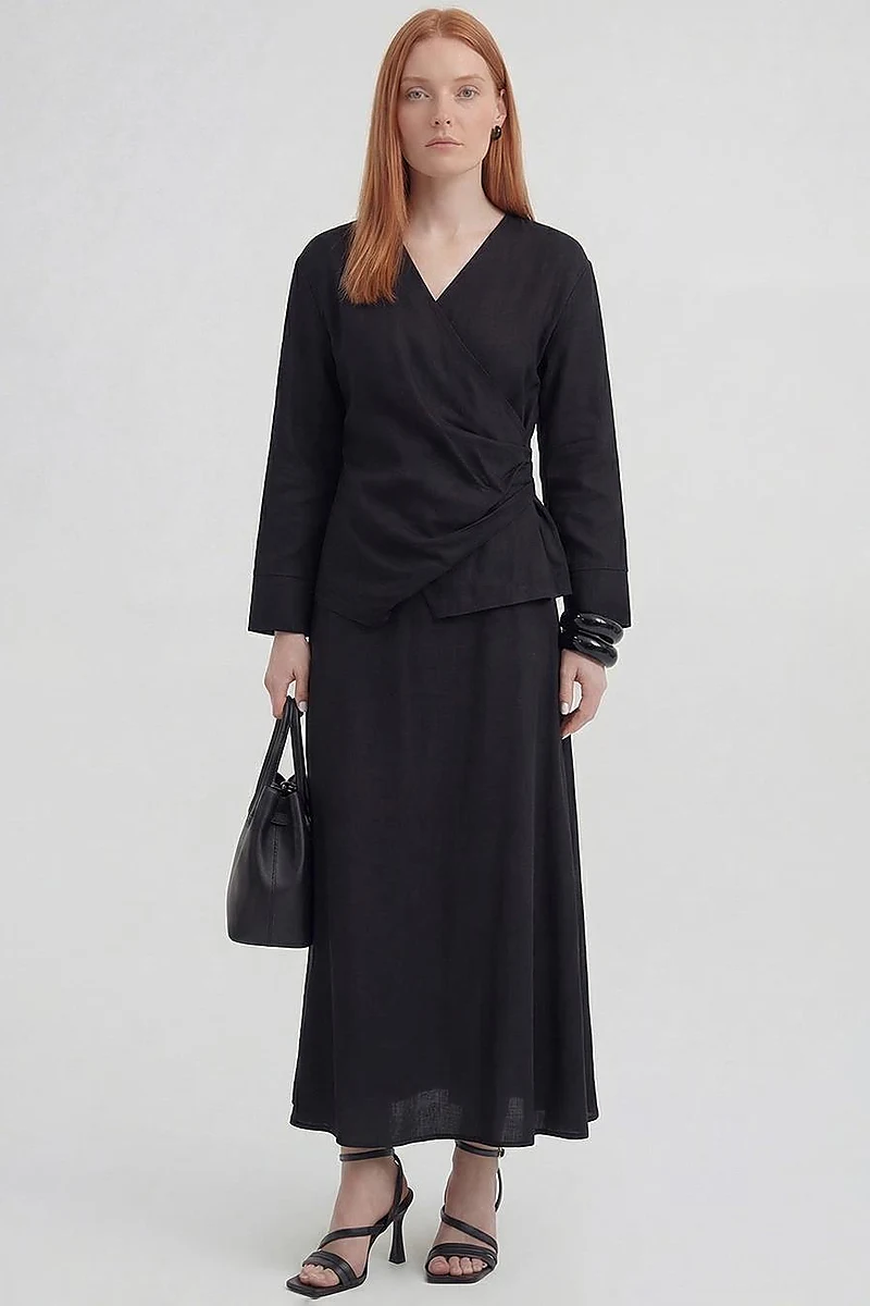 Linen Lyocell Skirt Two-Piece Set Black