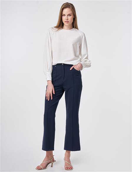 Topstitched Fabric Pants Dark Navy