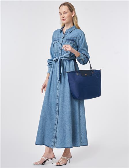 Yıkamalı Kuşaklı Elbise Mavi