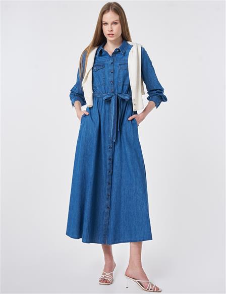 Yıkamalı Kuşaklı Elbise İndigo
