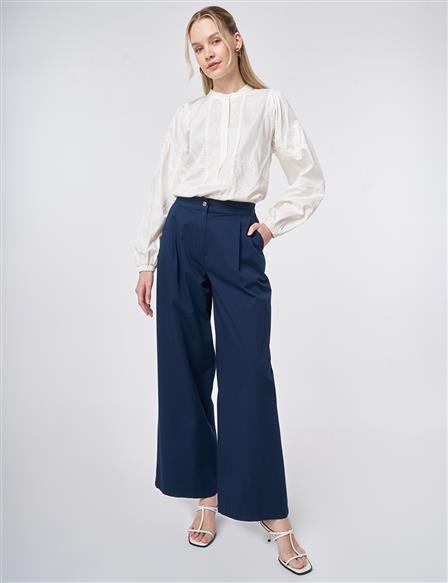 Pleated Wide Leg Trousers Dark Navy