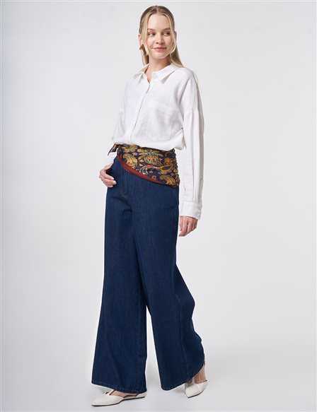 Yıkamalı Wide Leg Denim Pantolon Lacivert 