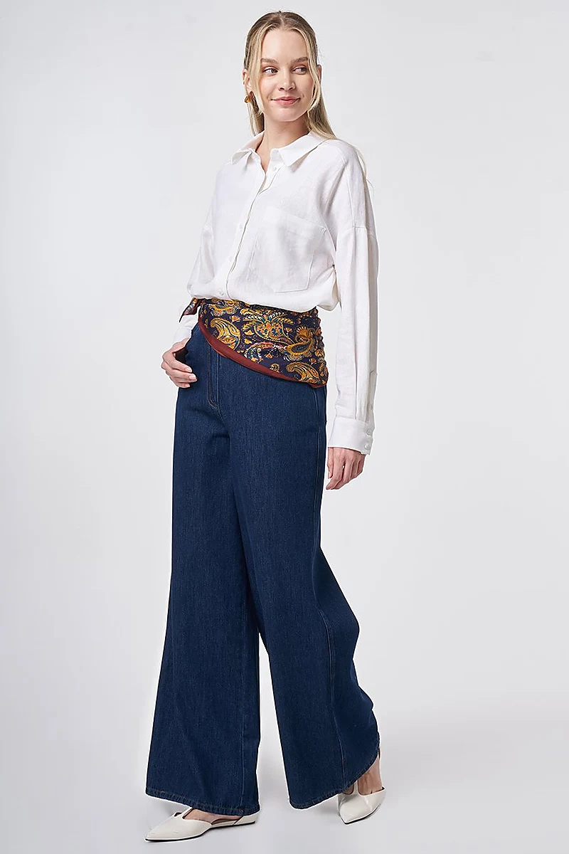 Washed Wide Leg Denim Trousers Navy