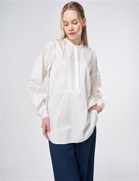 %100 Pamuklu Şerit Fistolu Tunik Ekru 