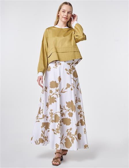 100% Cotton Patterned Skirt Two-Piece Set Olive Green