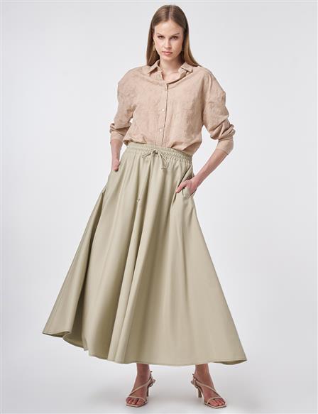 Elastic Waist Drawstring Flared Skirt Moss Green