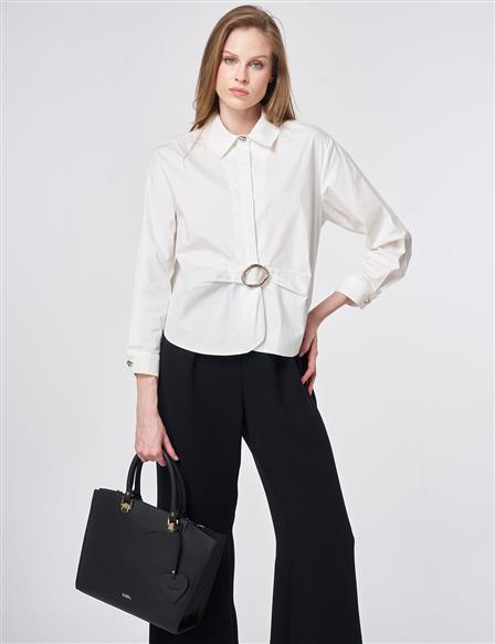 Toka Detaylı Pamuklu Bluz Ekru 