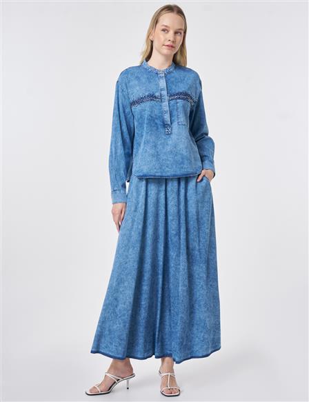 Hotfix Printed Washed Two-Piece Set Blue