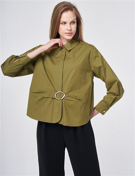 Cotton Blouse with Buckle Detail Khaki
