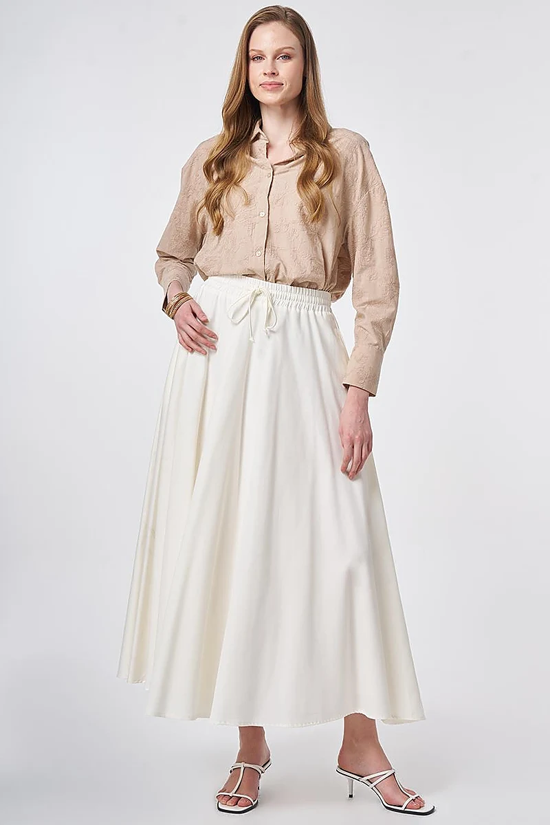 Elastic Waist Drawstring Flared Skirt Ecru