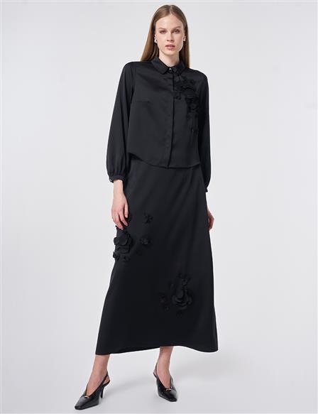 Floral Appliqué Satin Two-Piece Set Black