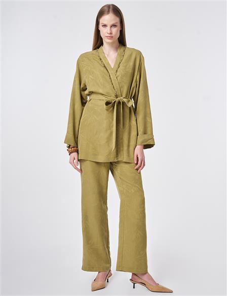 Yaprak Desen Modal İkili Takım Haki 