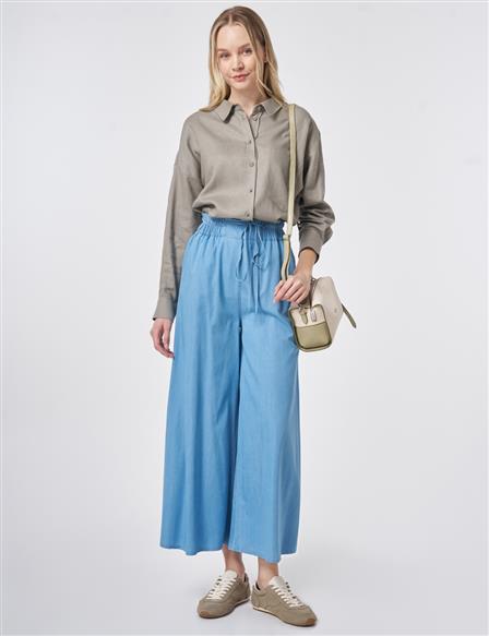 Elastic Waist Drawstring Pants Blue