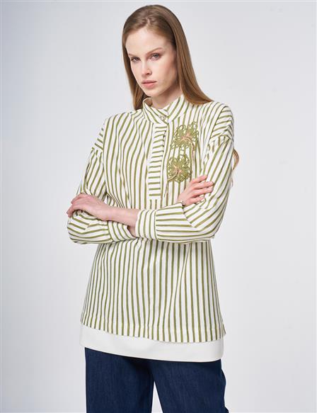 High Neck Cotton Blouse with Glossy Buttons Matcha Green