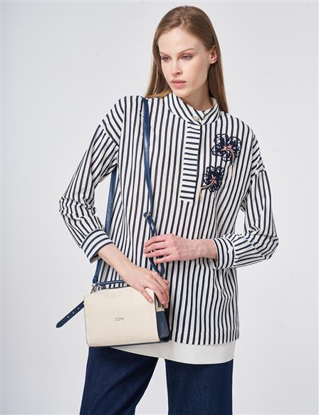 High Neck Cotton Blouse with Glossy Buttons Dark Navy