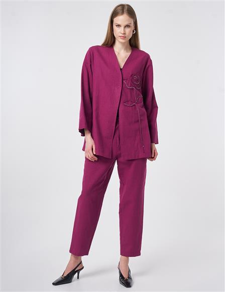 Embroidered Appliqué Cotton-Linen Two-Piece Set Plum