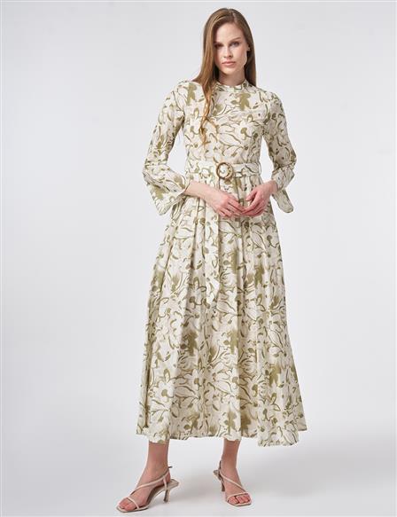 %100 Pamuklu Kemer Detaylı Maksi Elbise Krem 