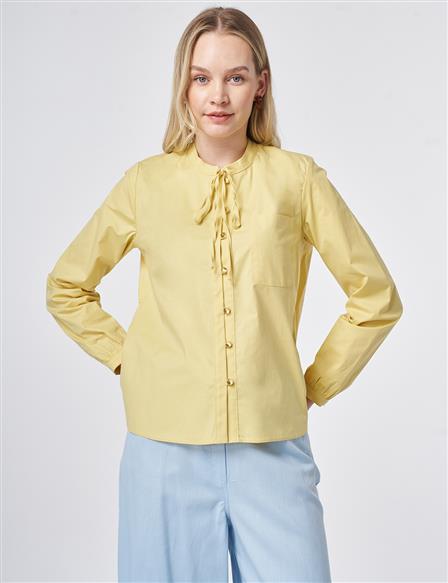 Tie-Neck Cotton Blouse Lemon Yellow