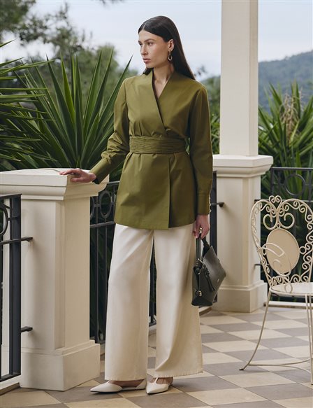Cotton Jacket with Waist Detail Khaki