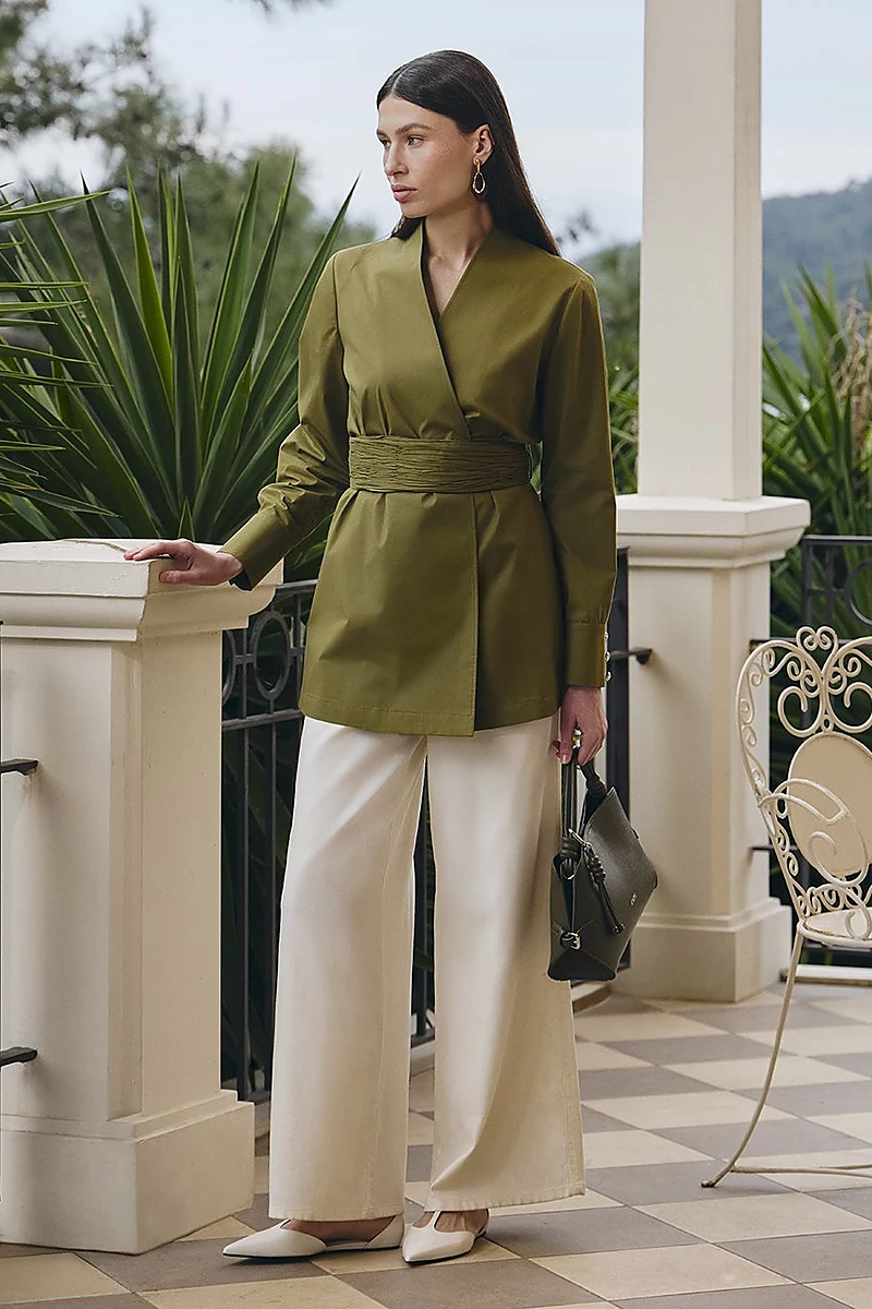 Cotton Jacket with Waist Detail Khaki
