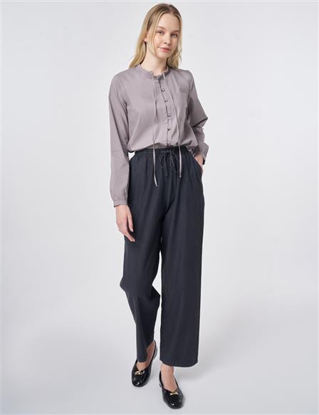 Tie-Neck Cotton Blouse Light Grey
