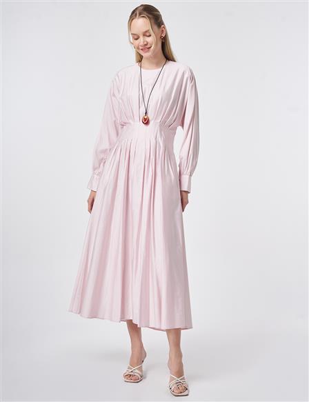 %100 Pamuklu Pile Detaylı Elbise Pudra 