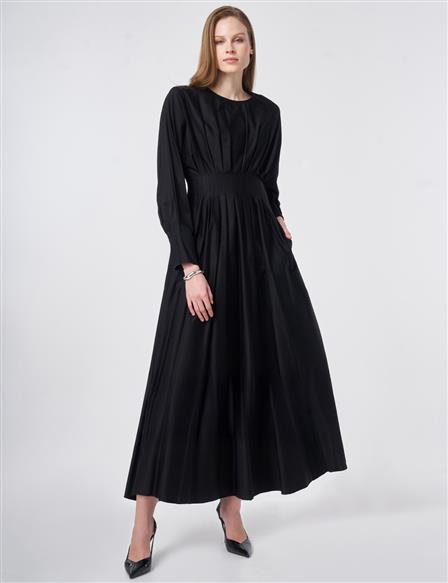 100% Cotton Pleated Detail Dress Black