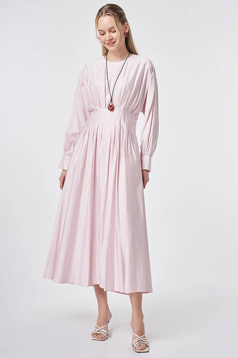 100% Cotton Pleated Detail Dress Powder Pink