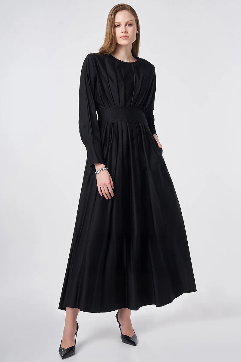 100% Cotton Pleated Detail Dress Black