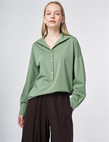 Polo Collar Rayon Sweatshirt – Moss Green