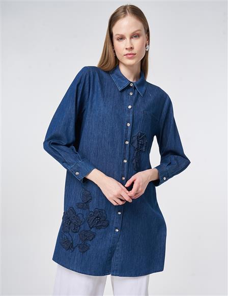 Washed Tunic with Embroidered Appliqué – Indigo