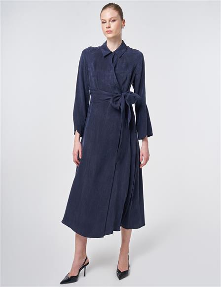 %100 Lyocell Bel Detaylı Elbise Koyu Lacivert 