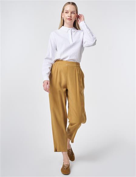 Metallic Printed Modal Carrot-Fit Trousers – Dark Mustard