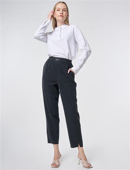Metallic Printed Modal Carrot-Fit Trousers – Black