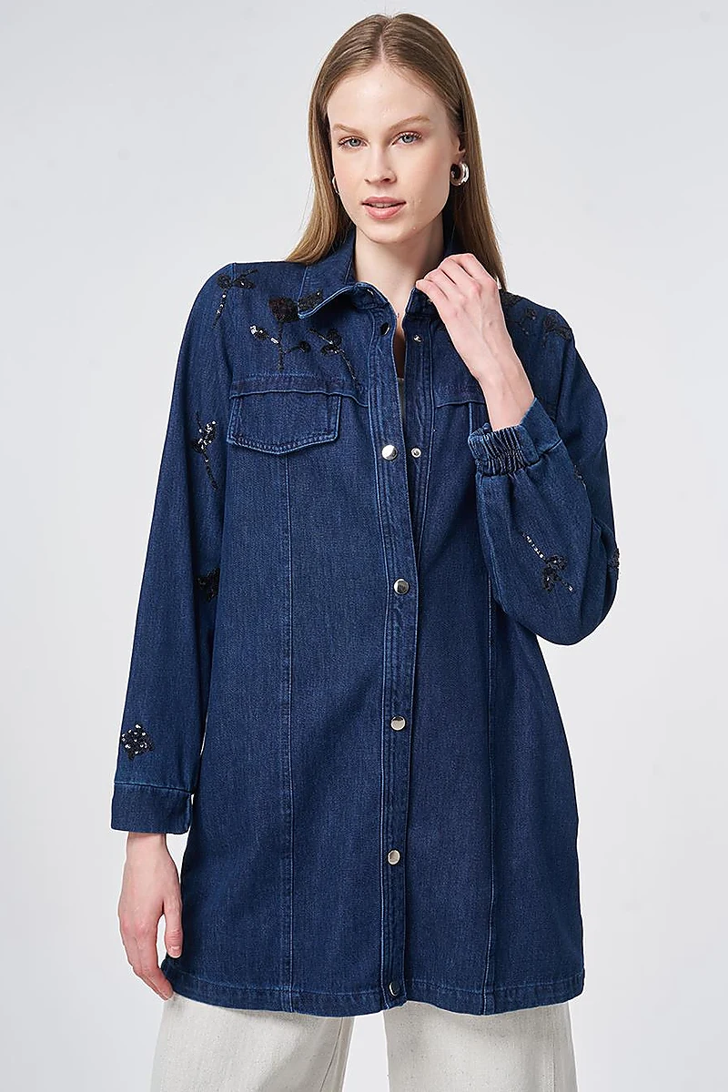 Kapak Cepli Denim Ceket İndigo