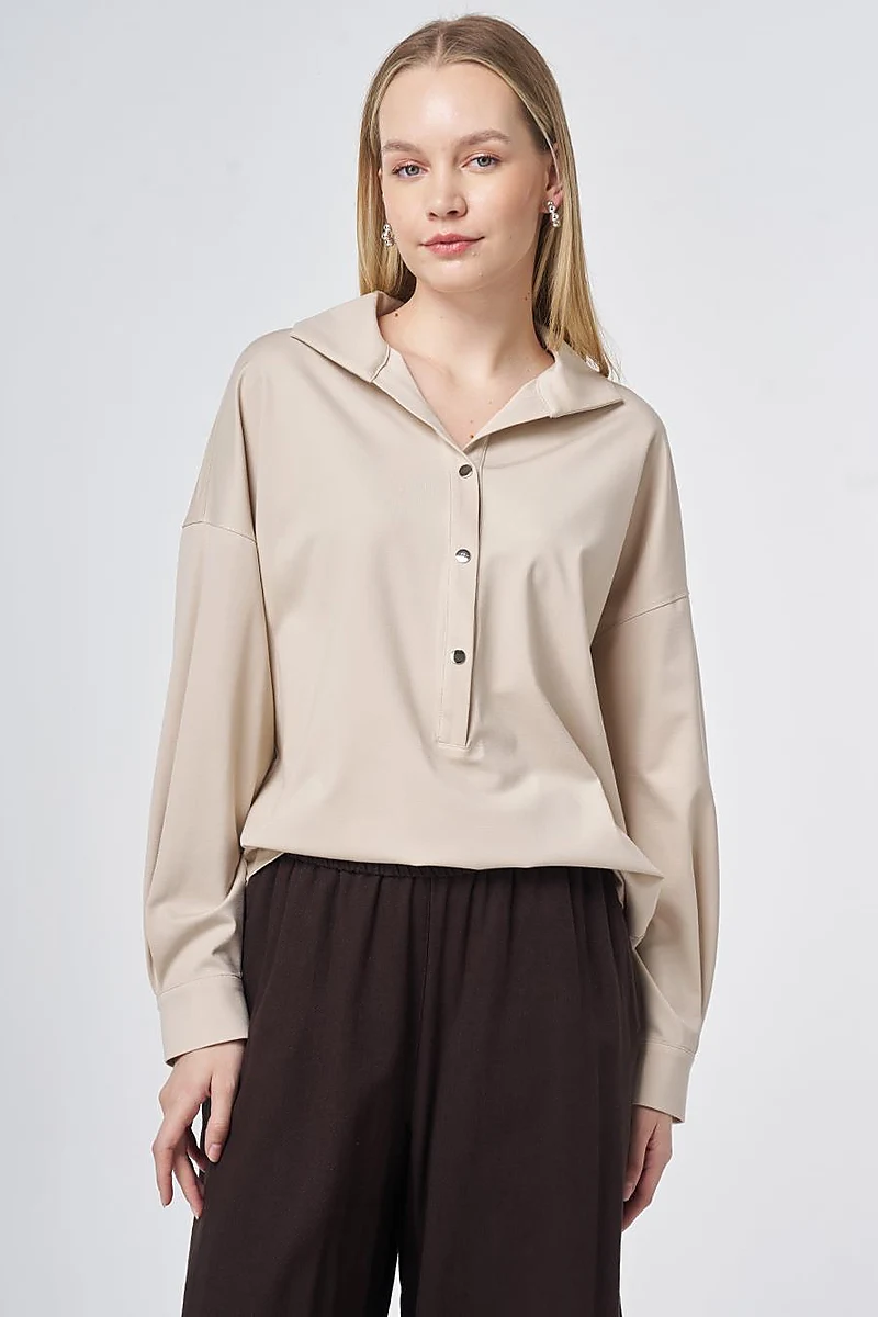 Polo Collar Rayon Sweatshirt – Stone
