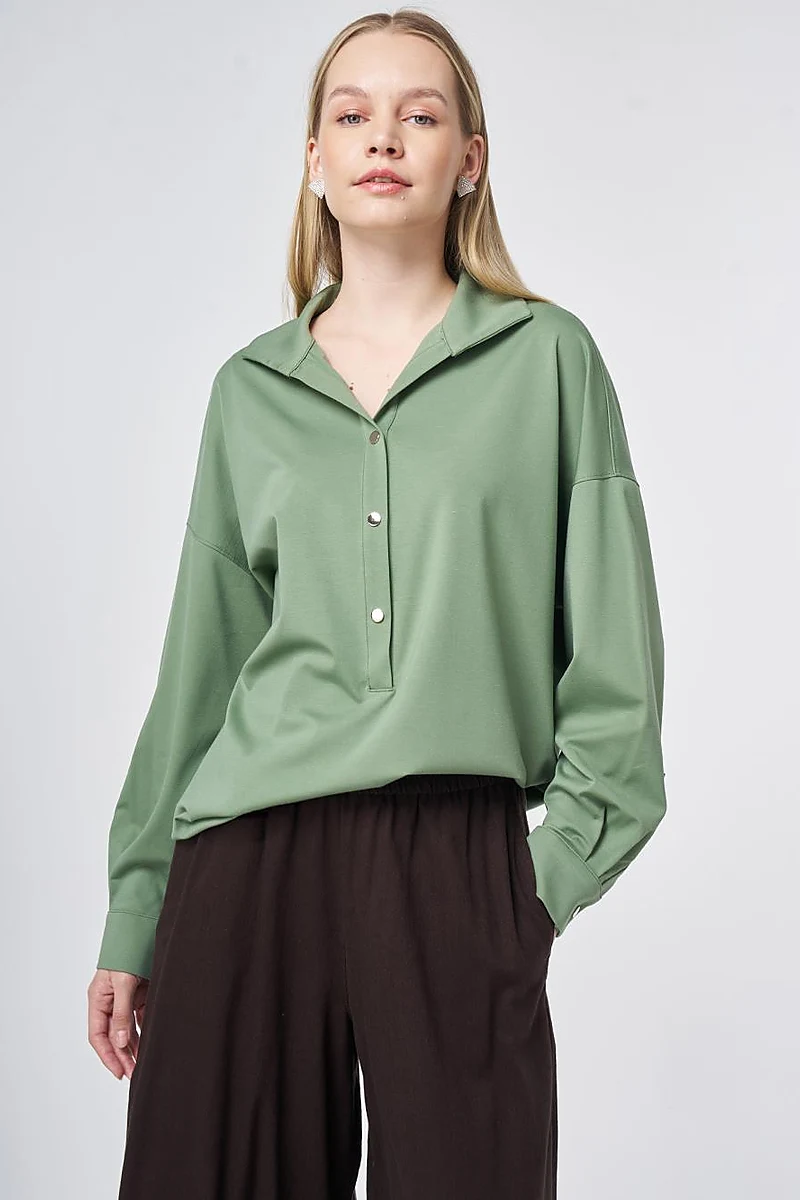 Polo Collar Rayon Sweatshirt – Moss Green