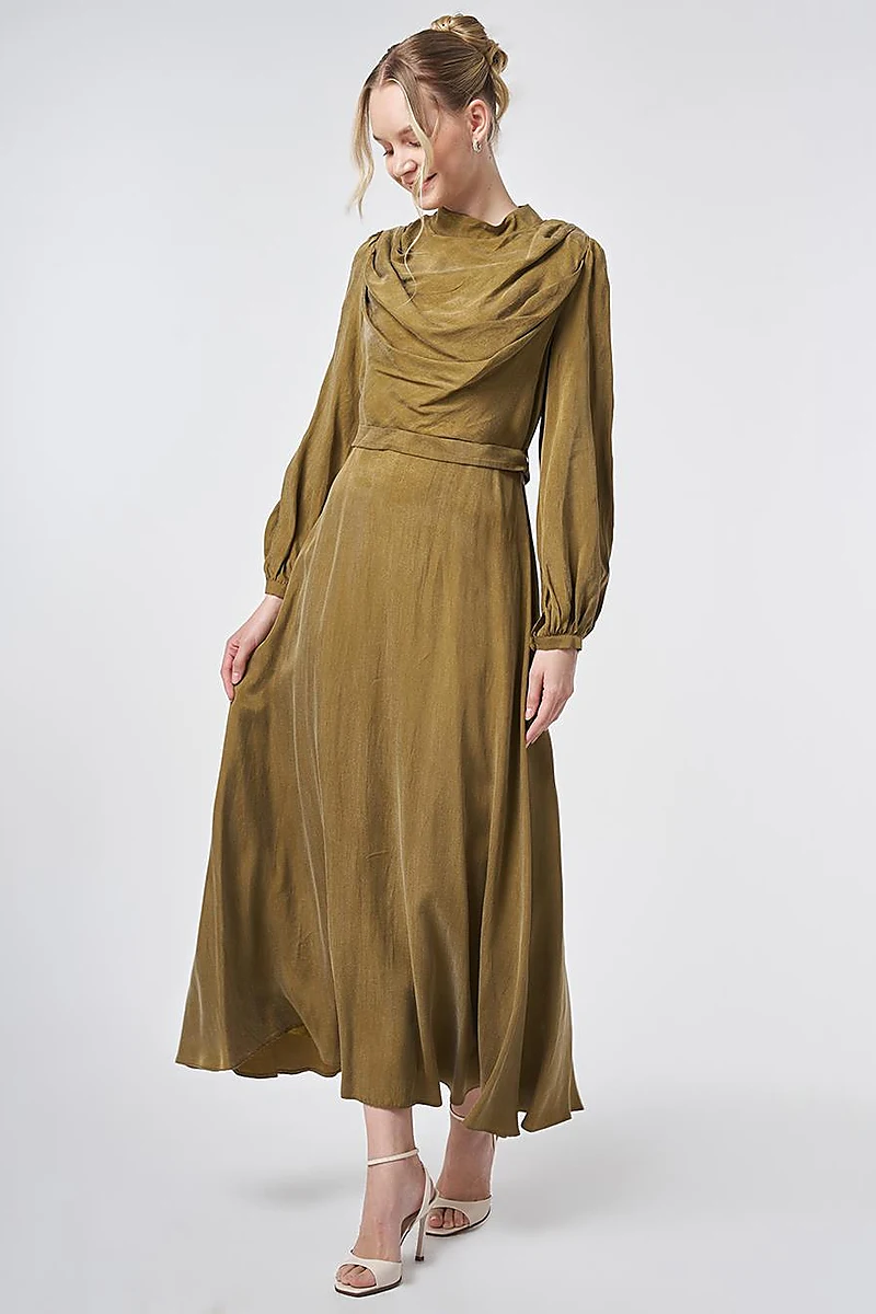 100% Lyocell Cowl Neck Dress – Dark Olive