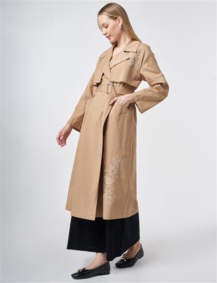 Nakış İşlemeli Trençkot Bej 