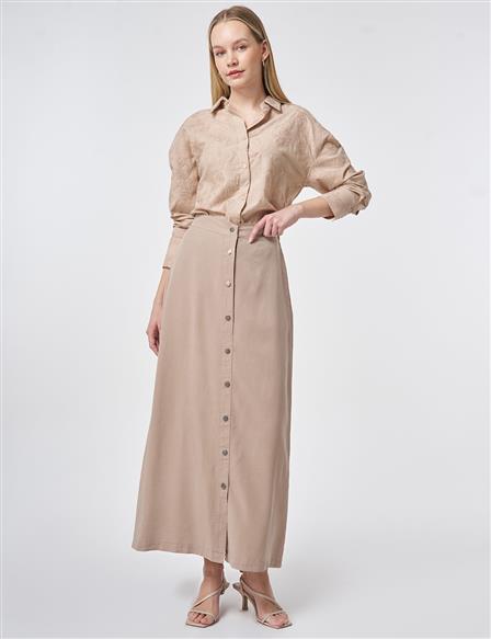 100% Lyocell Button Detail Skirt Nude